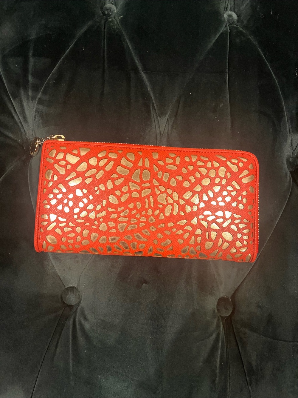 Ivanka Trump Red Laser-Cut Zip Wallet with Gold Underlay
